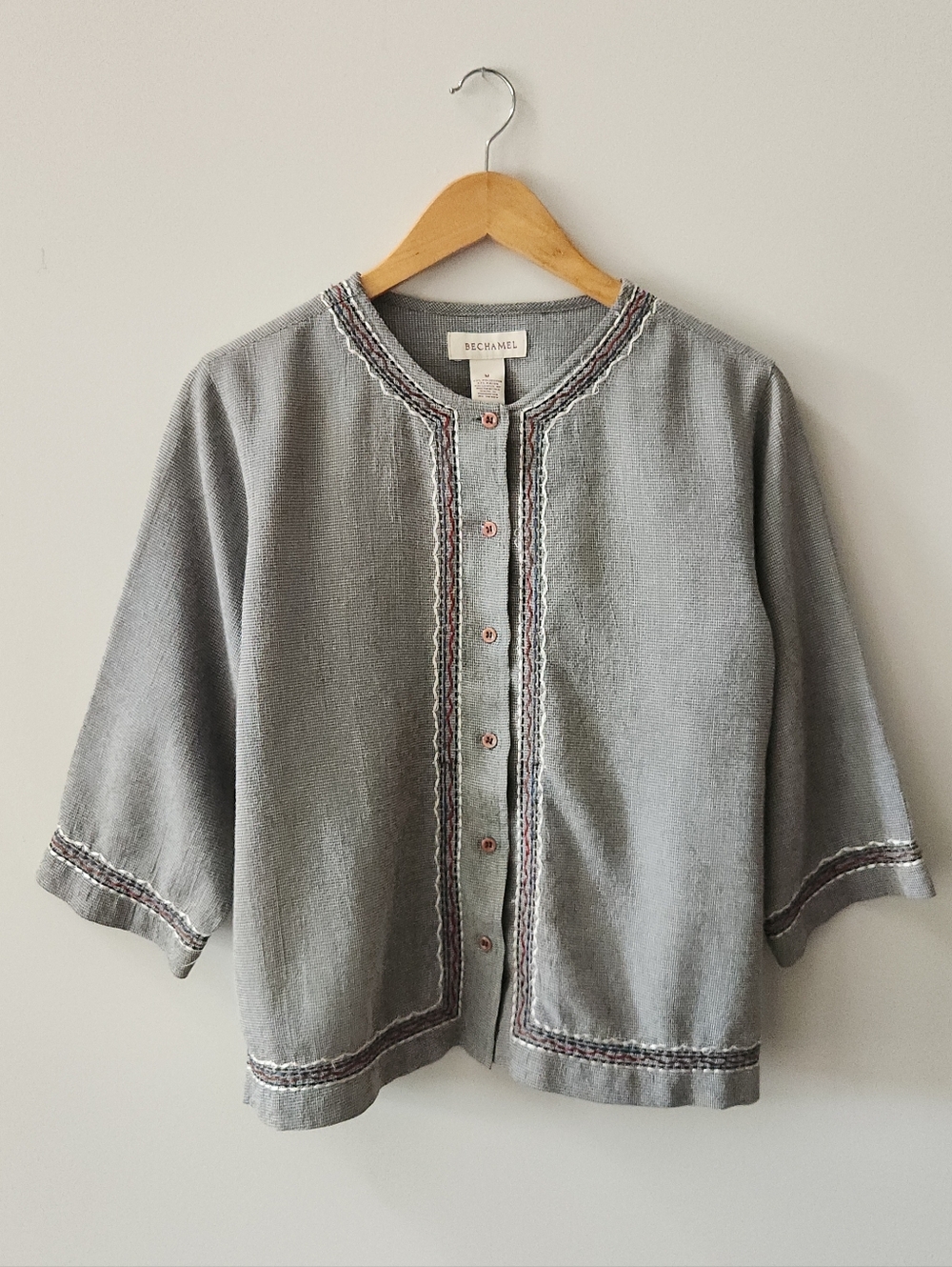 Bechamel Gray Textured Button-Up Top Crochet Trim 3/4 Sleeve Medium